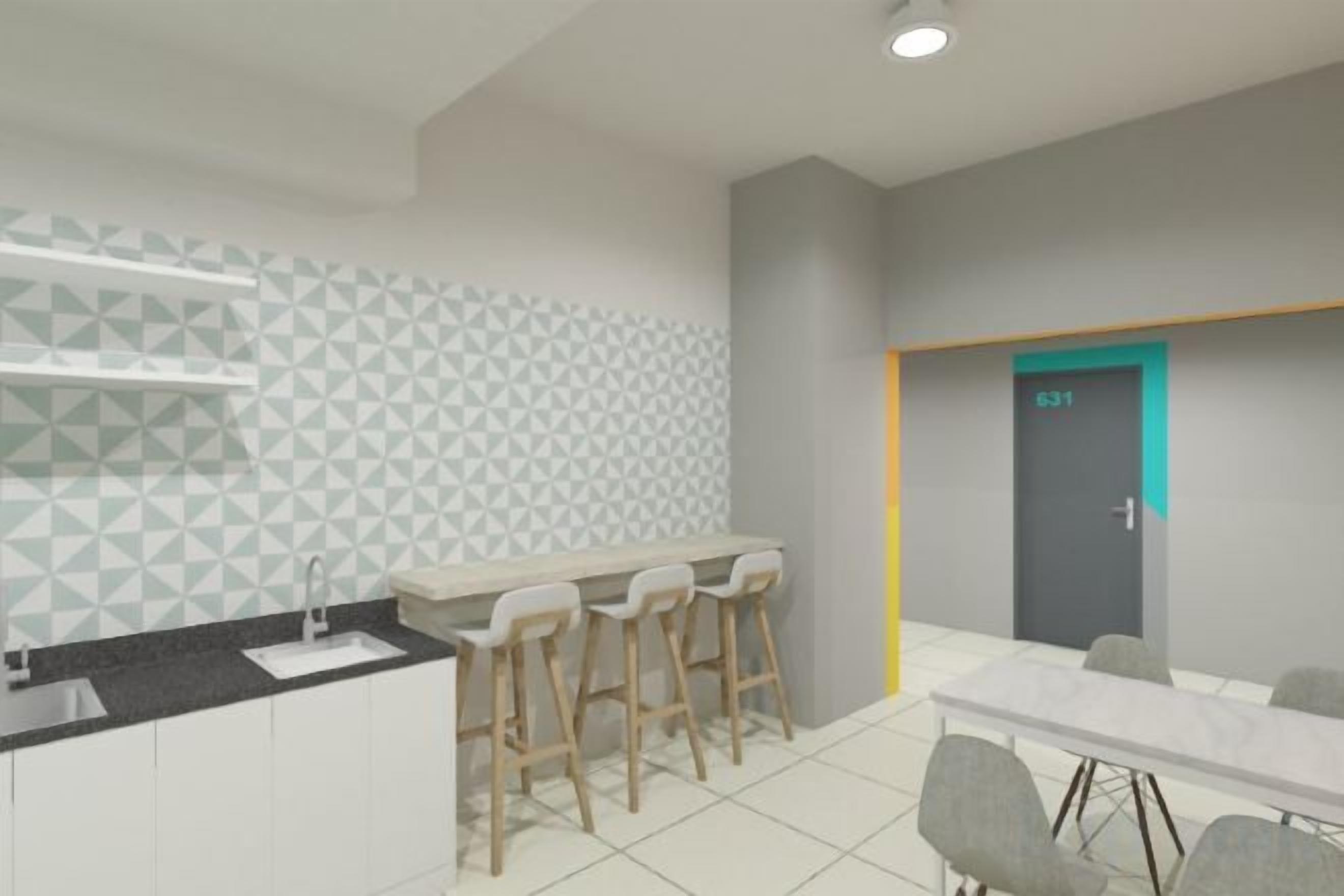 A modern kitchen with a bar area, a dining table with chairs, and a door marked with the number 631.