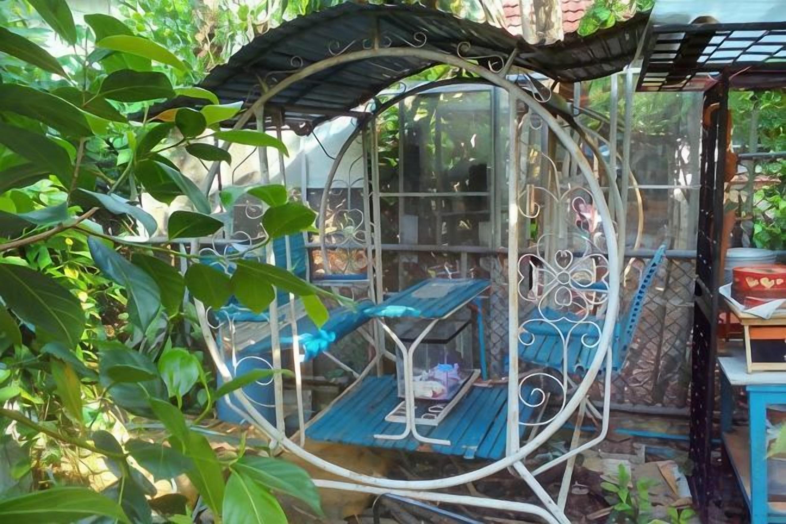 Una estructura circular de vidrio con marco metálico, posiblemente un invernadero o un salón de plantas, rodeada de vegetación.