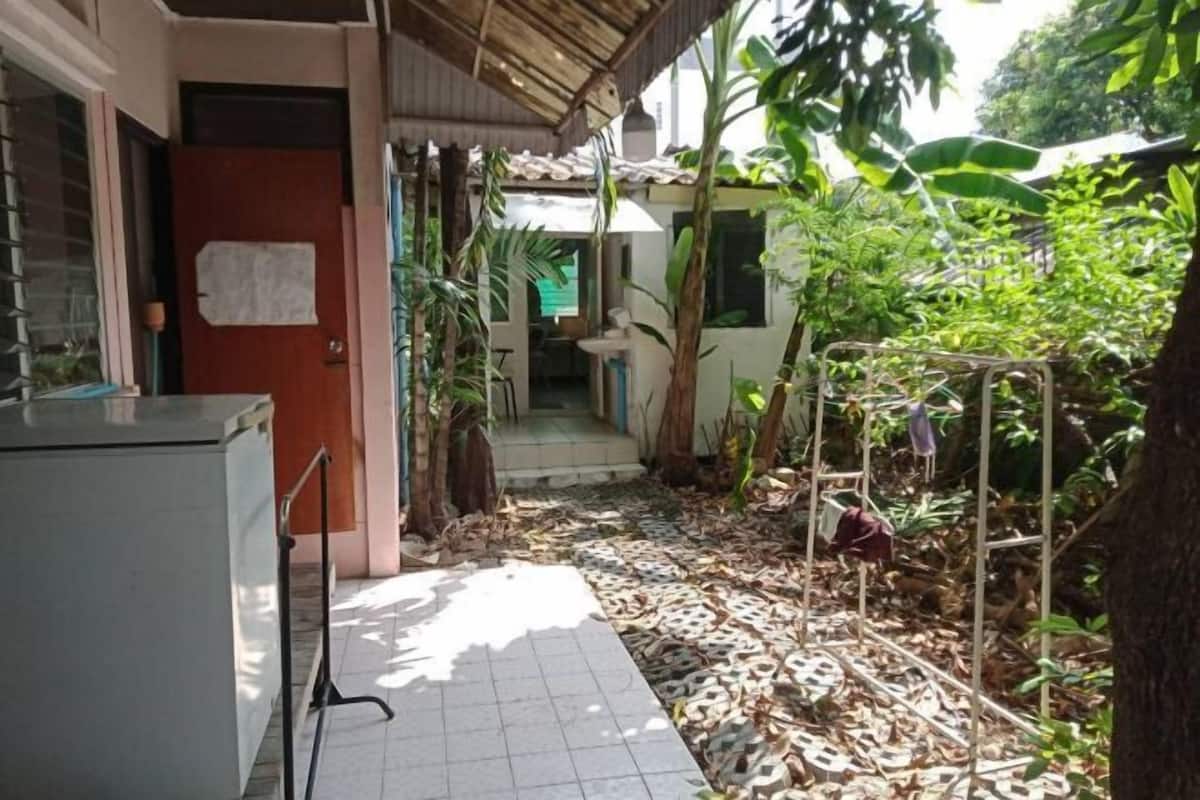 A narrow pathway leading to a building with a tiled floor, surrounded by lush greenery and a metal structure.