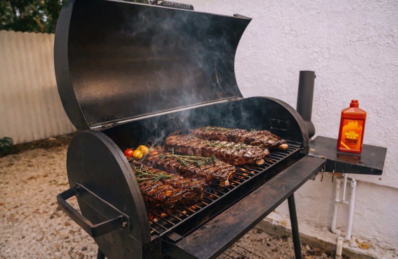 A charcoal grill with steaks and vegetables being cooked.
