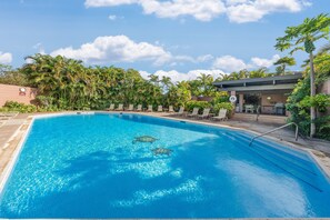 Ein Swimmingpool mit zwei Meeresschildkröten, umgeben von Palmen und Liegestühlen.