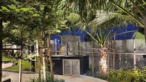 Un espace jardinier agrémenté d’un chemin sinueux, de palmiers et d’une structure noire dotée de fenêtres à persiennes.