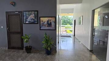 A corridor with a dark wall, two potted plants, a door with a metal gate, and framed artwork.