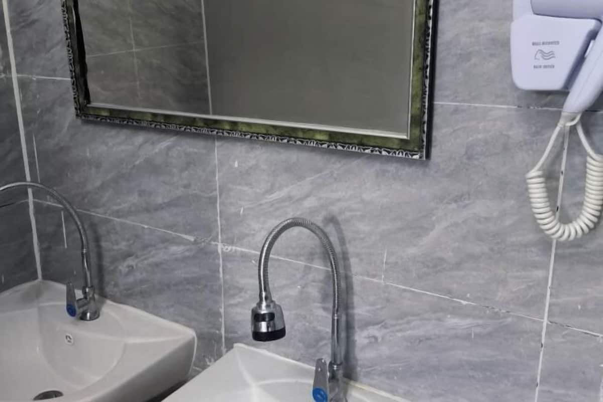 A bathroom with two sinks, a mirror, and a hand dryer.