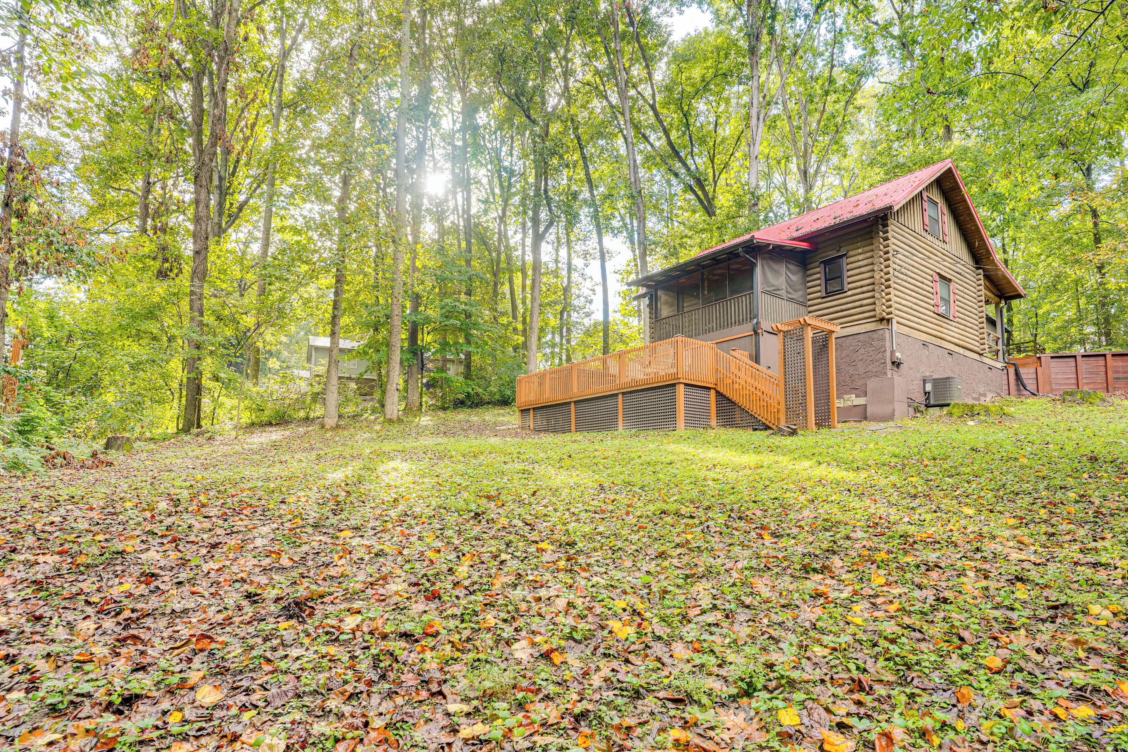 Une cabane en rondins dotée d’une terrasse en bois et d’un toit rouge, entourée d’une forêt où les feuilles sont tombées.
