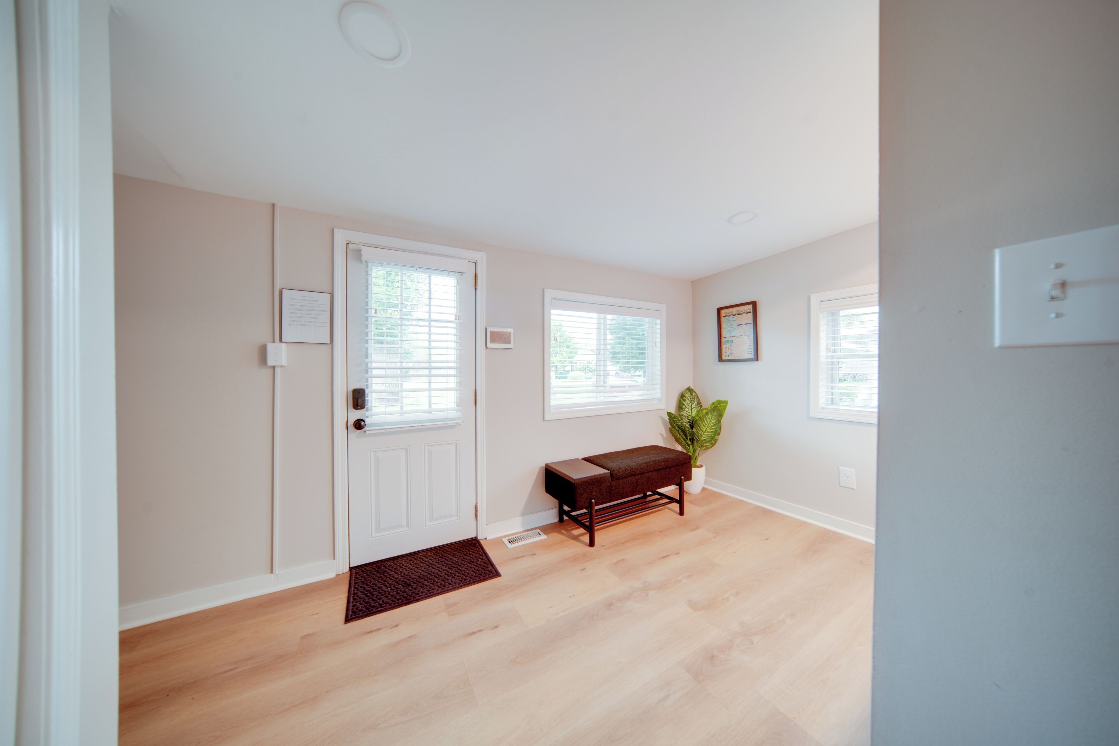 A clean, well-lit entryway with a wooden bench, a potted plant, and a door with a mail slot.