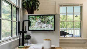 Un baño con un ventanal grande, un televisor mostrando un paisaje natural, una bandeja de madera con artículos de aseo y una planta en maceta.