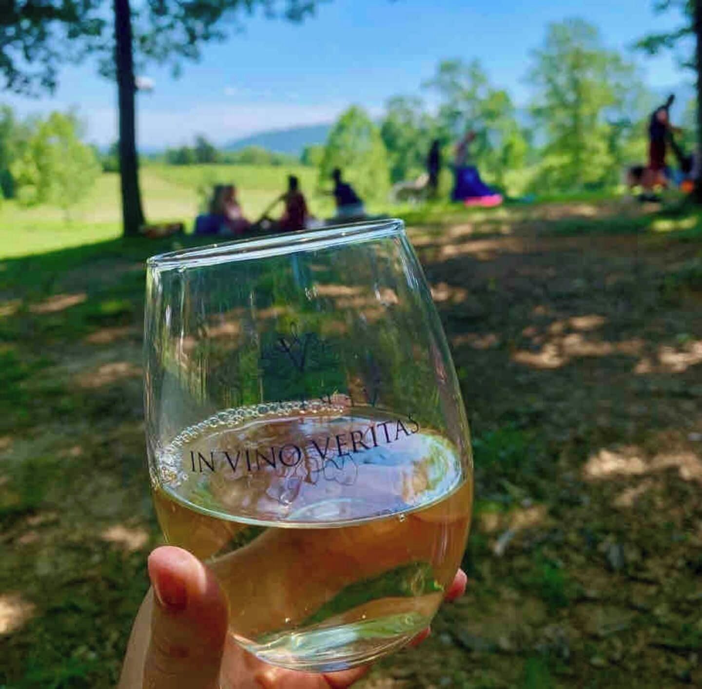 Un verre transparent sur lequel est gravé le mot « IN VINOVERTAS », tenu par une personne.
