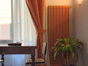 Une pièce comprenant une table à manger, une chaise, un pot de fleurs et un radiateur.