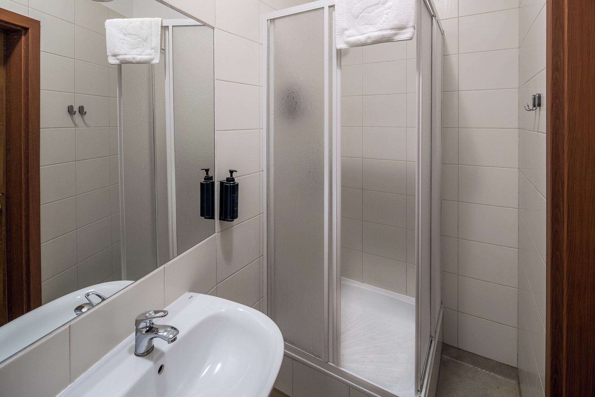Une salle de bain avec une douche, un lavabo et un miroir.
