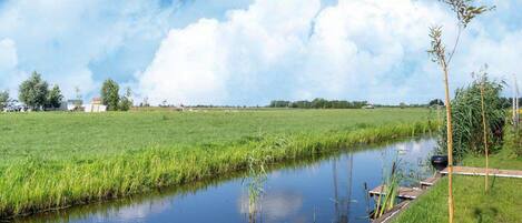 A calm river with a grassy bank, a clear sky, and distant trees.