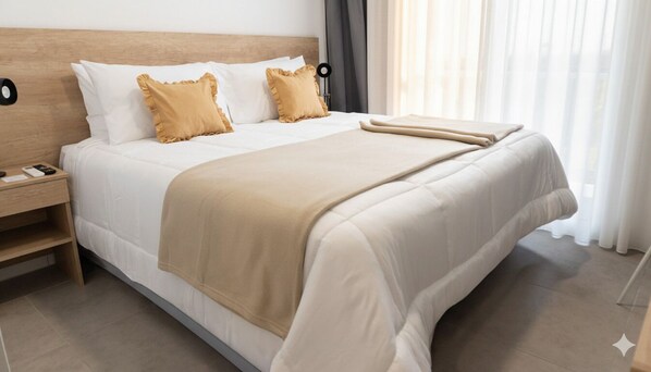 Desk, laptop workspace, free WiFi, bed sheets