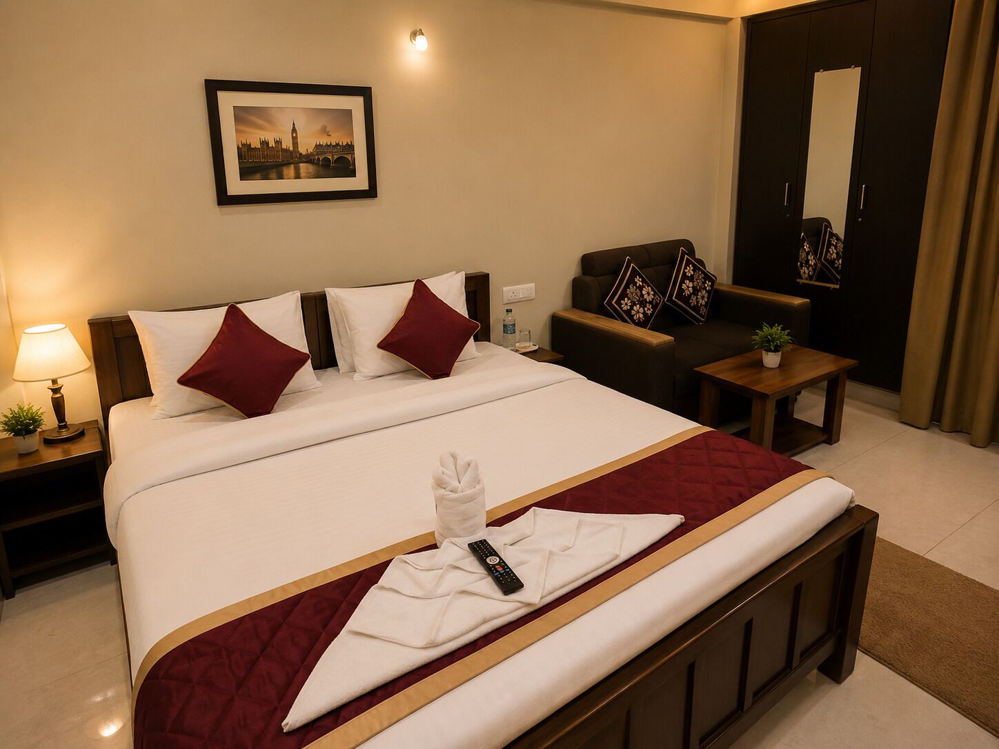 Une chambre d’hôtel comprenant un lit, une table de chevet, une commode, un canapé, une petite table avec une plante, un tableau encadré au mur et un miroir.