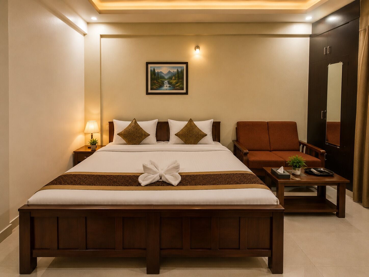 A hotel room with a large bed, a bedside table with a lamp, a chair, a small table with a plant, and a painting on the wall.