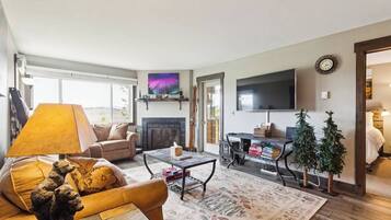 Smart TV, fireplace, DVD player, books