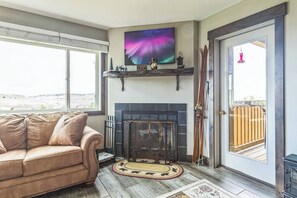 Smart TV, fireplace, DVD player, books