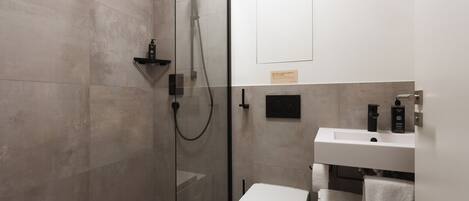 A modern bathroom with a glass-enclosed shower, a white toilet, and a sink with toiletries.