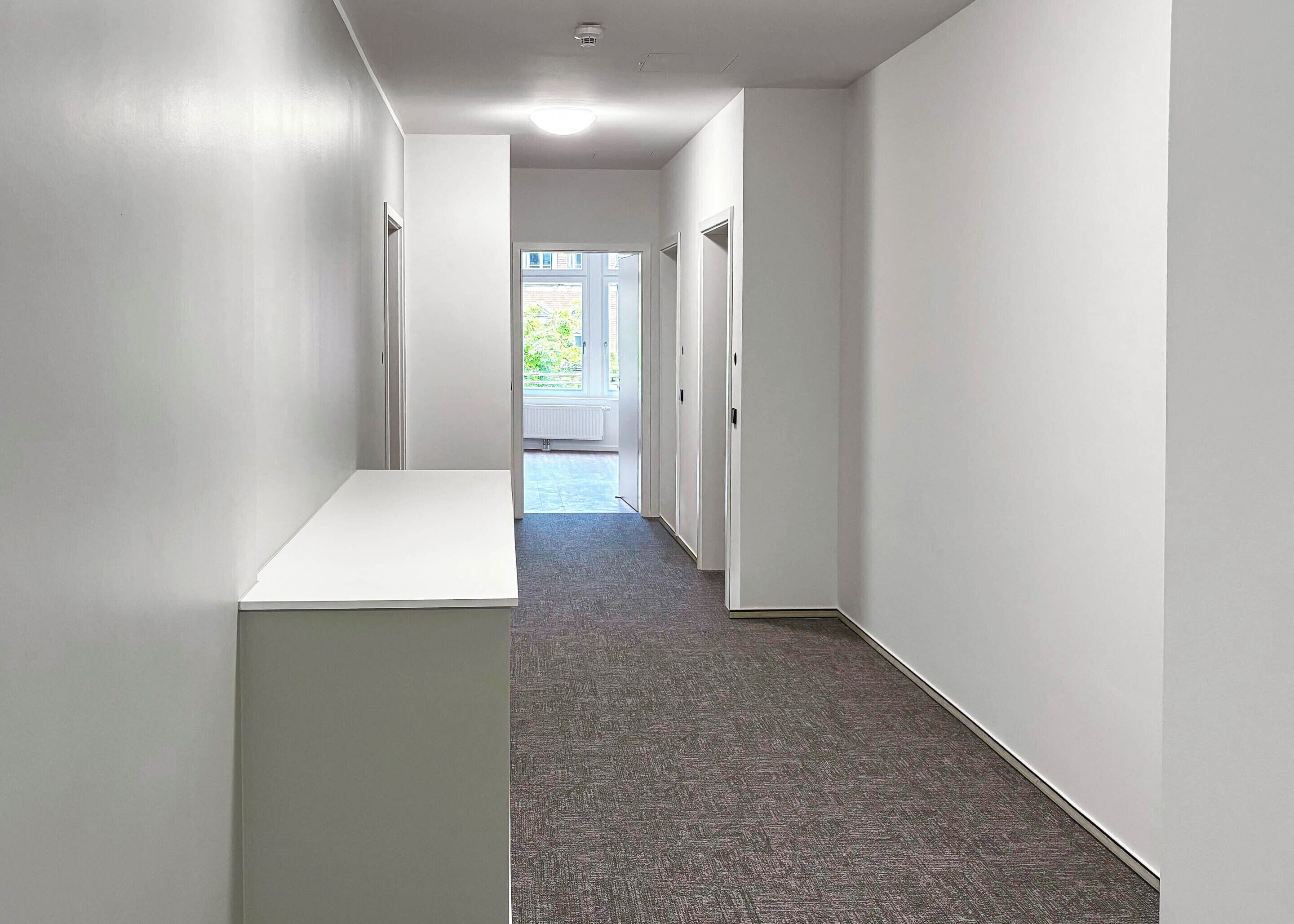 A hallway with white walls and carpeted flooring, leading to a door at the end.