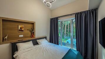 Premium bedding, individually furnished, desk, laptop workspace