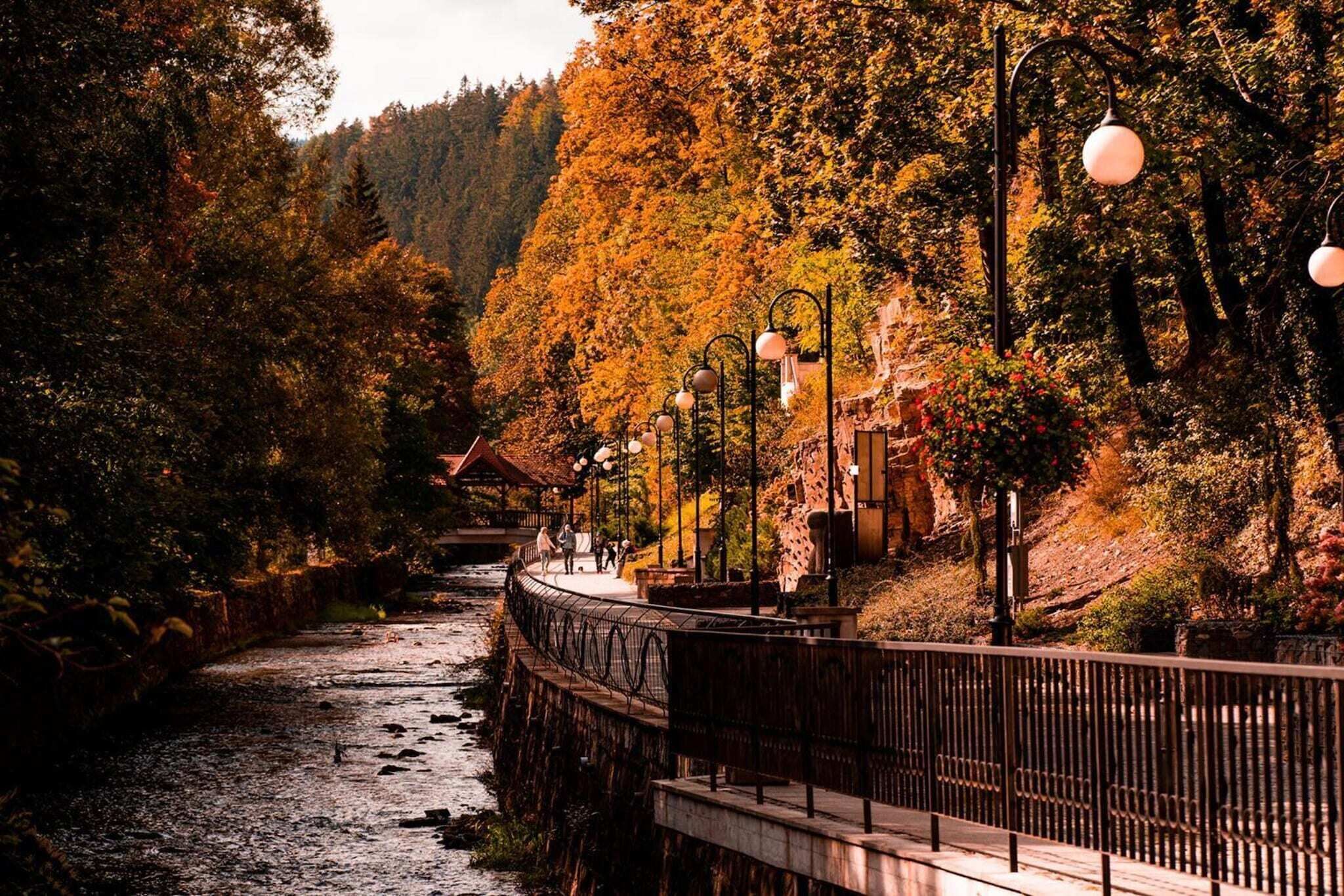 Eine Holzbrücke über einem Fluss mit Metallgeländer, umgeben von Herbstlaub und Straßenlaternen.