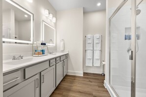 Shower, hair dryer, bidet, towels