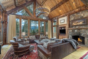 Smart TV, fireplace, books, music library