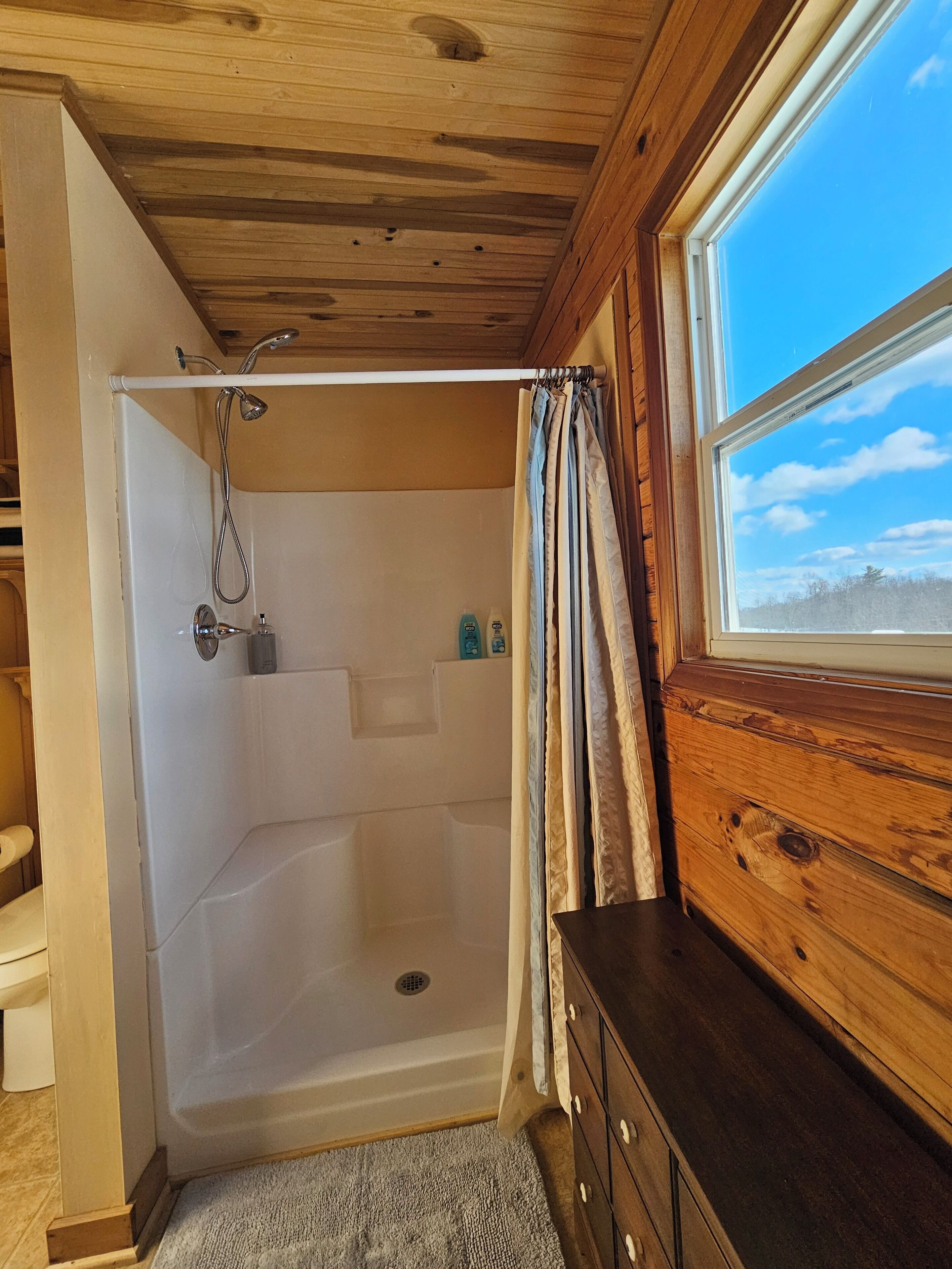 A wooden cabin interior with a shower area, a window with a view, and a wooden dresser.