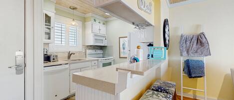 Fridge, microwave, oven, stovetop