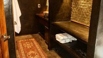 Shower, towels, soap, shampoo