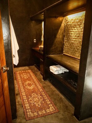 Shower, towels, soap, shampoo