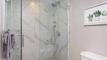 Shower, hair dryer, towels, shampoo