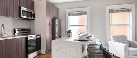 Fridge, microwave, oven, stovetop