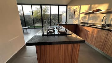 Kühlschrank, Mikrowelle, Herdplatte, Wasserkocher mit Kaffee-/Teezubehör