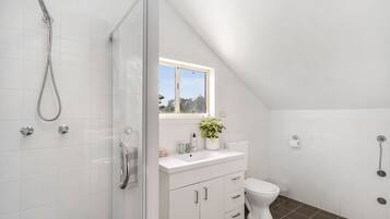 Shower, hair dryer, towels, soap