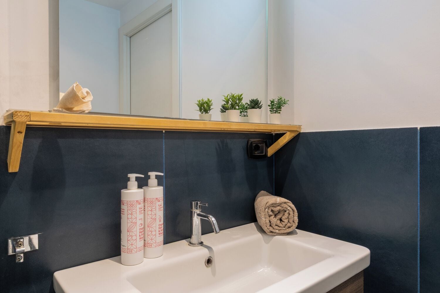 A bathroom with a white sink, two bottles of hand soap, a towel, and a shelf with small plants.