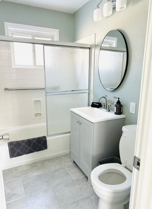 Hair dryer, towels, soap, shampoo
