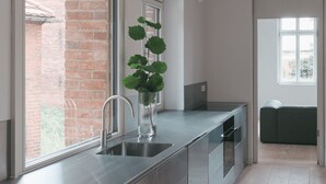 Cuina moderna amb una finestra gran, un rentaplat i una planta.