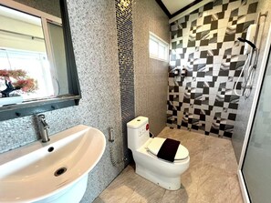 Shower, towels, soap, toilet paper