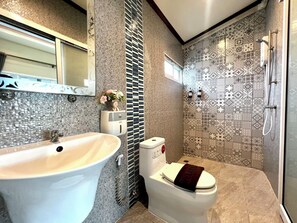 Shower, towels, soap, toilet paper