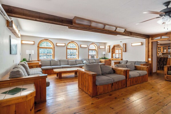 TV, fireplace, books, offices