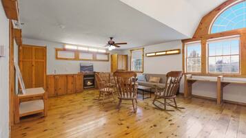 TV, fireplace, books, offices