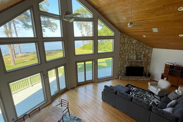 High ceiling living room with comfy sofa