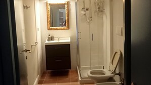 Une salle de bain avec une douche, deux toilettes, un lavabo et un miroir avec éclairage.