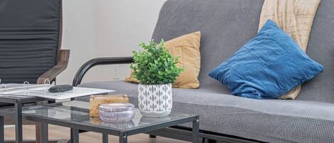 A modern living room with a grey sofa, a glass coffee table, and a small potted plant.