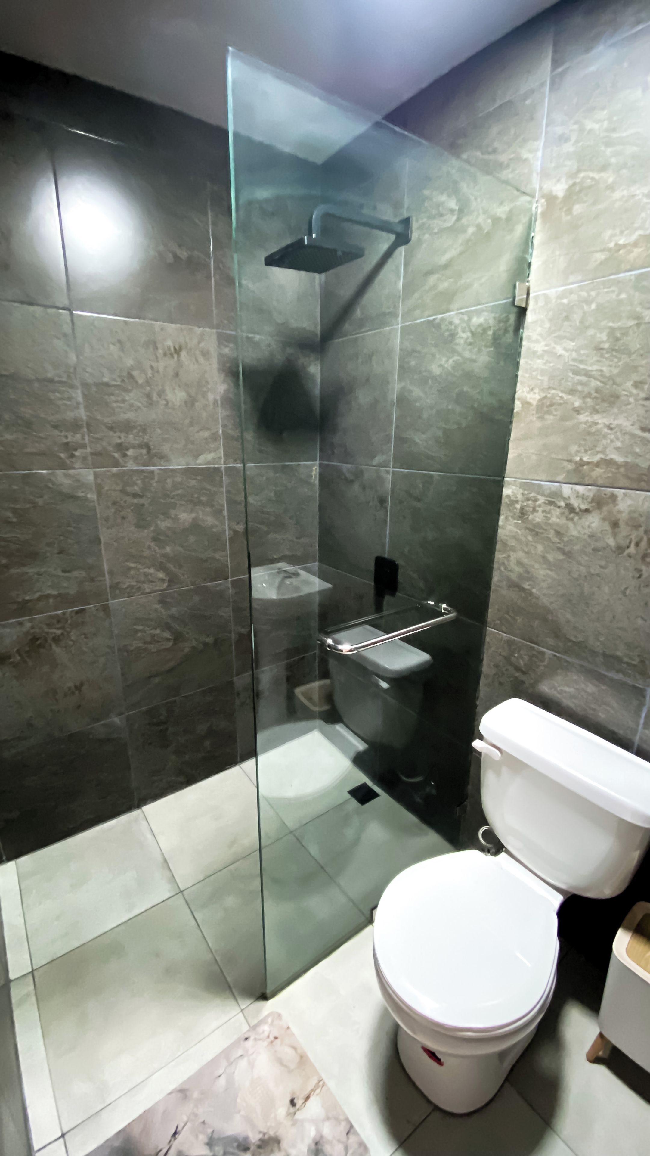 Un baño con ducha de vidrio, inodoro y bidé.