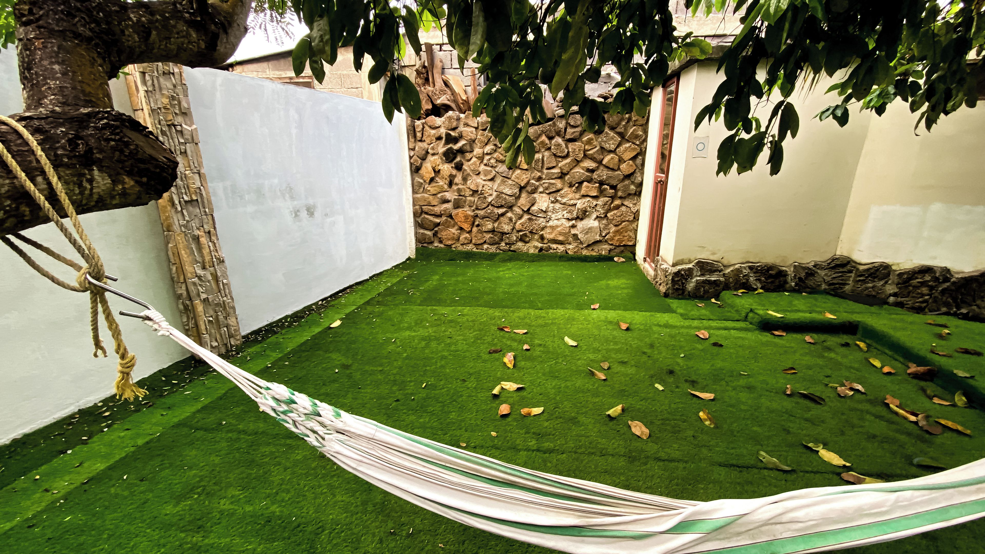 Una hamaca atada a un árbol, un muro de piedra y una valla blanca en un patio trasero con césped artificial y hojas dispersas.