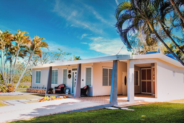 A modern house with a covered porch, a small garden, and palm trees.