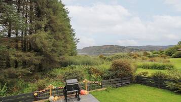 A backyard with a barbecue grill, a wooden fence, and a view of hills in the distance.