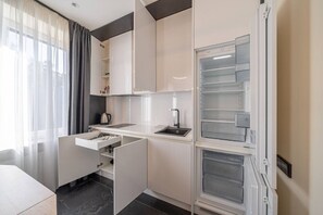 Fridge, microwave, stovetop, cookware/dishes/utensils