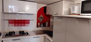 Jääkaappi, mikroaaltouuni, liesi, kahvin-/teenkeitin